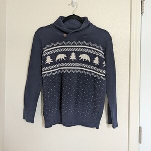 Navy Blue Shawl Collar Sweater with Bear Pattern